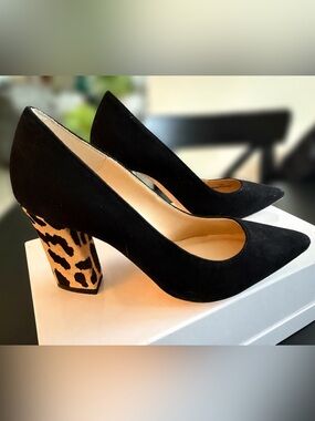 NWT Neiman Marcus Black Suede Pumps with Leopard-Print Block Heel